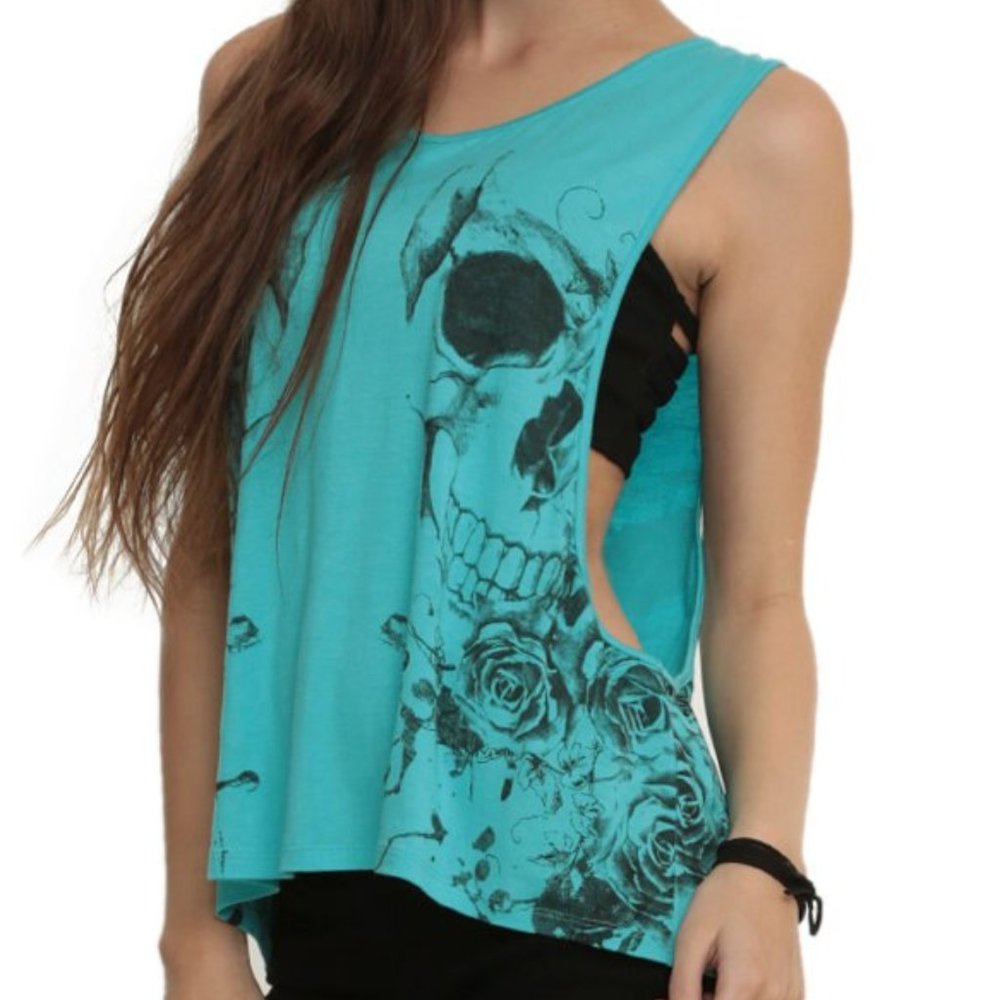Blue and Black Hot Topic Skulls and Roses Tank Top
